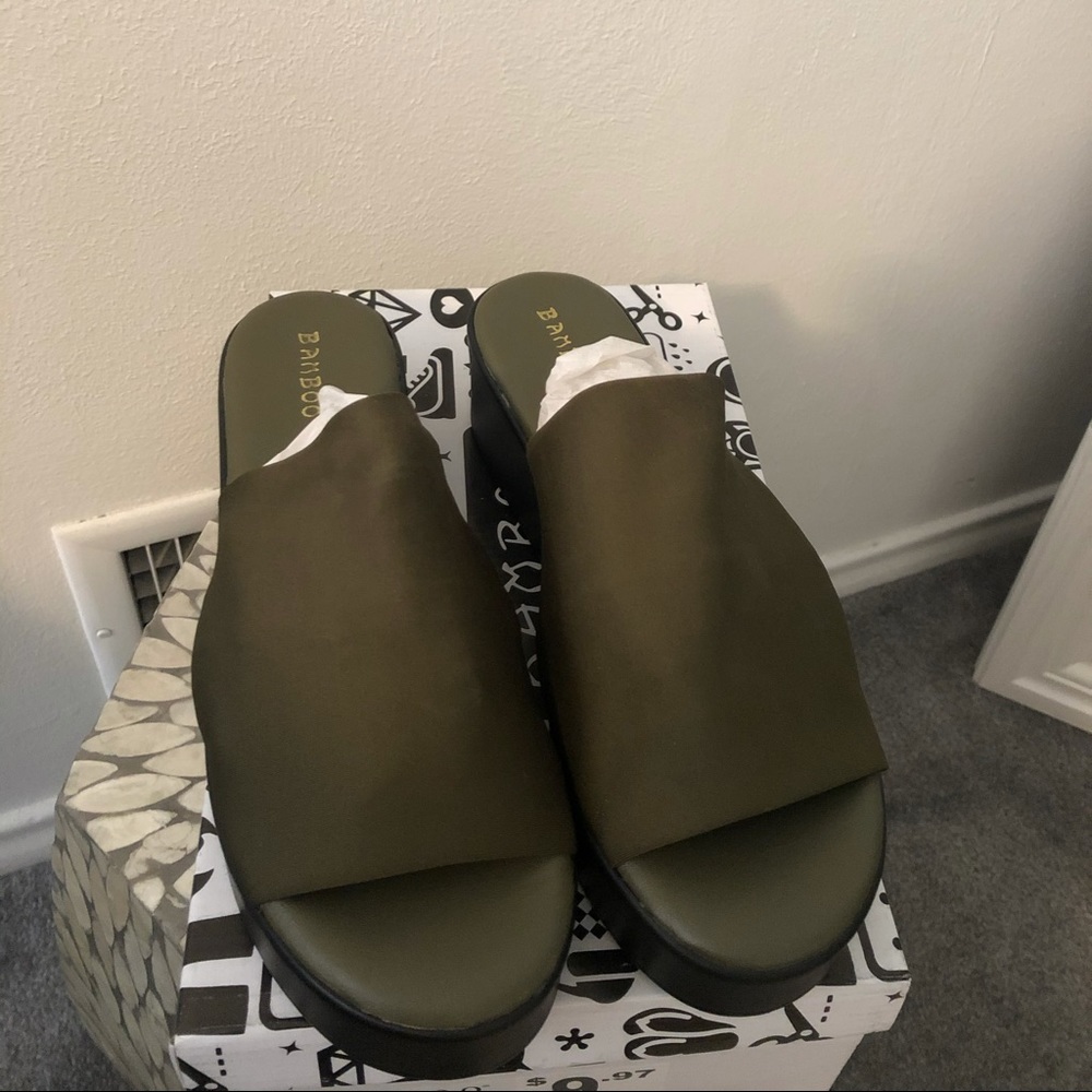 Olive green slide in wedge sandals
